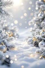 Snow-covered pine branches with silver and gold Christmas ornaments glowing under soft winter light, creating a peaceful holiday atmosphere with sparkling bokeh.