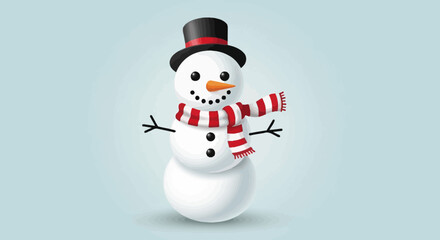 A cheerful cartoon snowman wearing a black top hat and a red and white striped scarf.