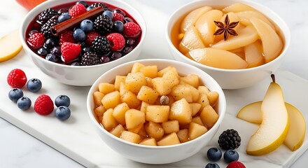 Three white bowls filled with assorted fruit compote: mixed berries, poached pears, and diced apples.