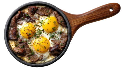 Eggs, steak, parsley in cast iron pan. Food art overhead