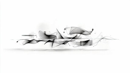 An abstract composition featuring delicate, flowing black lines and subtle geometric shapes against a clean white background.
