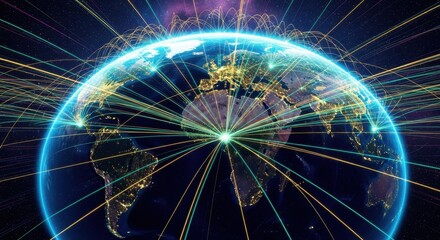 Global connectivity network illustrating data flow around earth communication system