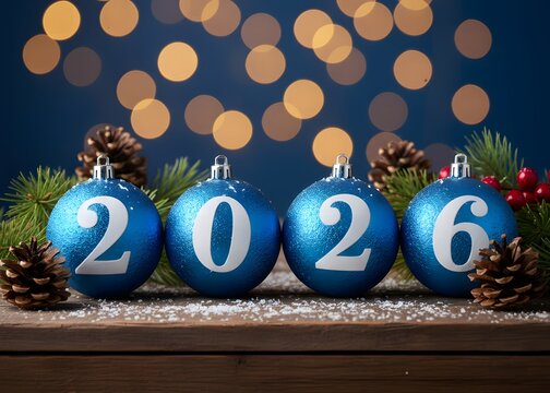 A festive and charming holiday scene featuring four vibrant blue Christmas ornaments, each adorned with bold white numbers spelling out "2026". Happy New Year. Merry Christmas