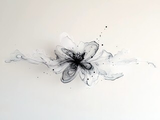 An abstract, organic shape resembling a flower, rendered in black and white ink, with delicate, flowing petals and scattered dots.
