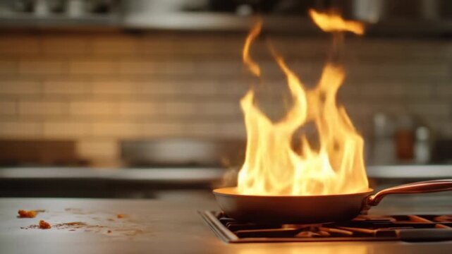 Cooking pan with large orange flames on stove in modern kitchen professional food preparation culinary art