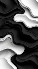A dynamic abstract pattern of flowing, layered shapes in stark black and white, creating a sense of depth and movement.