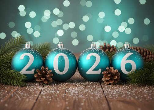A festive and charming holiday scene featuring four vibrant teal or light blue Christmas ornaments, each adorned with bold white numbers spelling out "2026". Happy New Year. Merry Christmas