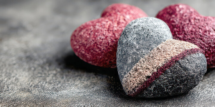 Textured Stone Heart with Striped Design and Two Blurred Pink Hearts Behind