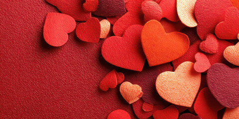 Abundance of Textured Red and Orange Paper Hearts on a Deep Red Surface