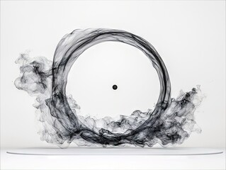 A dynamic abstract composition featuring swirling black smoke forming a ring, with a small black sphere suspended in the center, set against a clean white backd