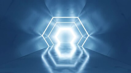 A 4k perspective shot of a brightly illuminated, futuristic tunnel with hexagon-shaped neon lights reflecting off the glossy floor, showcasing a cool, blue color palette - Powered by Adobe