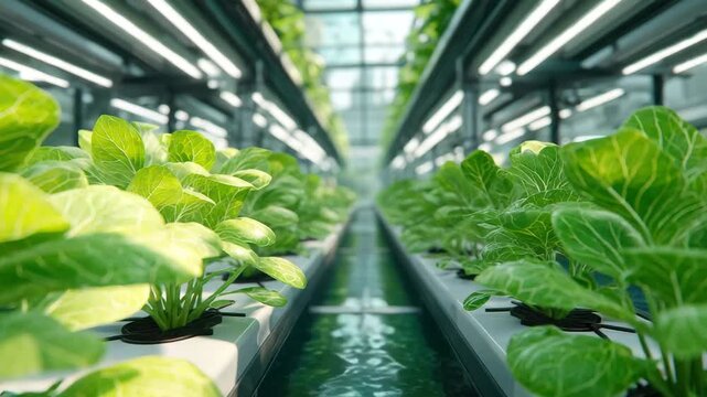 Interior of a futuristic hydroponic farm with rows of lush green plants growing under bright lights