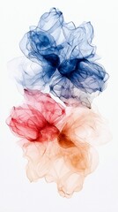 Three abstract, translucent forms in shades of blue, red, and orange are suspended against a clean white background.