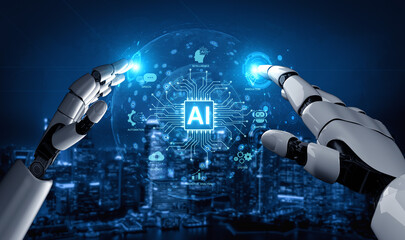 Obraz premium A generative AI assistant displays its core platform capabilities. This technology demonstrates its use in business automation, data analysis, and creating innovative solutions. Fermion