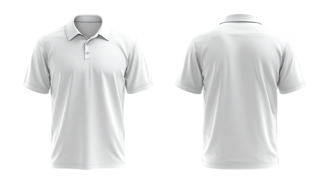 White polo shirt, front and back views, on transparent bg