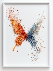A butterfly silhouette is formed by small pieces of orange and blue confetti, appearing to disintegrate into the white background.