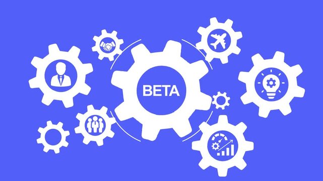 Central Gear with BETA Text Surrounded by Smaller Gears Featuring Business Icons on Blue Background
