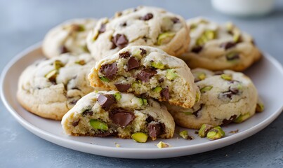 a plate of soft and delicious chocolate chip cookies with pistachios