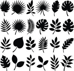 Black leaf silhouettes collection, botanical foliage shapes, nature design elements, vector leaves set, minimalist plant icons, isolated leaf graphics