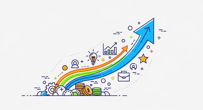 Colorful business growth concept featuring upward trend, idea generation and teamwork illustrations