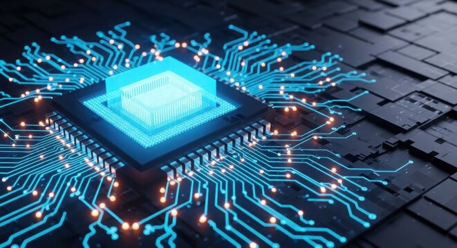 Central processing unit on a circuit board, glowing blue, representing computing - Powered by Adobe