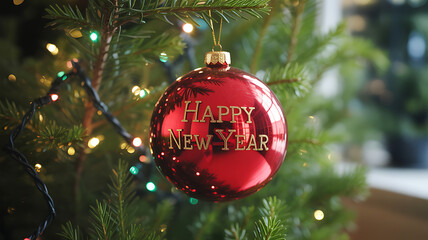 Red Happy New Year ornament on pine tree with string lights and cozy blurred indoor background
