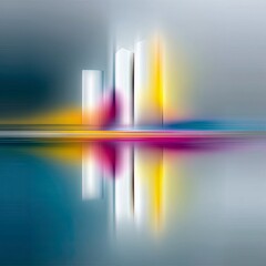 An abstract representation of a city skyline with vertical lines and streaks of vibrant colors, reflected in water.