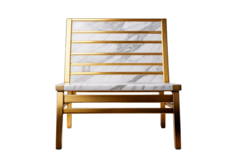 Rectangular white marble chair with smooth surface and gold edges, suitable for luxury, isolated on transparent or white background.