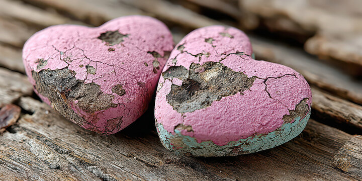 Two distressed pink hearts on weathered wood symbolizing broken love - Powered by Adobe
