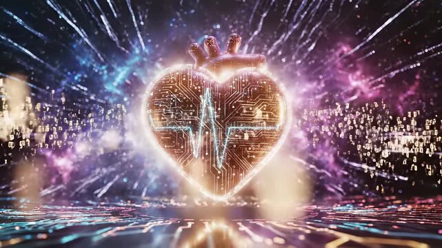 Heart shaped digital device with circuit pattern captures fusion of technology and emotional intelligence, perfect for showcasing innovative solutions that resonate with people on an intimate.