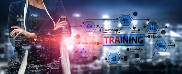 A business professional stands confidently in front of a city skyline, emphasizing themes of training, e-learning, and skill enhancement in a modern corporate environment. Tessel