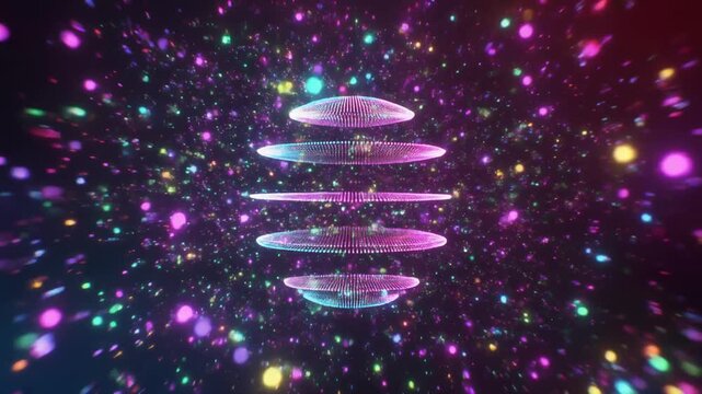 Dynamic layered sphere of sparkling data points, swirling in vibrant colors and creating a modern, techy feel