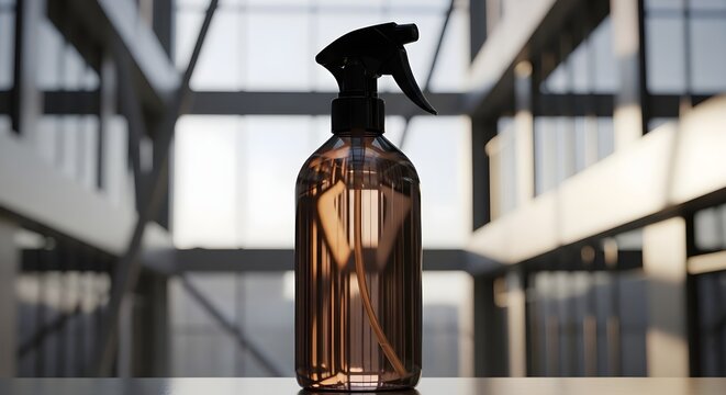 Elegant copper spray bottle with black nozzle against modern architecture