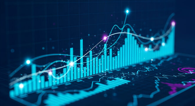 Futuristic bar chart structure with connected data nodes and digital reflections expressing the digital transformation in the banking sector and optimistic sales projections for the future