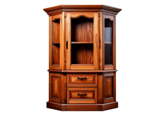 Stylish wooden corner cabinet elegant home decor solution isolated on a transparent or white background.