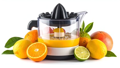 Citrus juicer appliance surrounded by fresh citrus fruit. Fresh juice concept