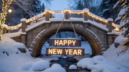 Snow-covered stone bridge with Happy New Year sign and string lights over stream in winter landscape