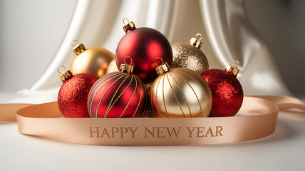 Festive Christmas ornaments with Happy New Year ribbon on satin backdrop in soft pastel arrangement