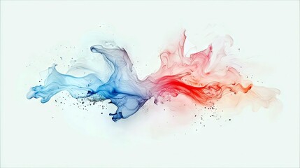 A dynamic abstract image features swirling wisps of blue and red smoke or ink, creating a fluid and energetic composition against a clean white backdrop.
