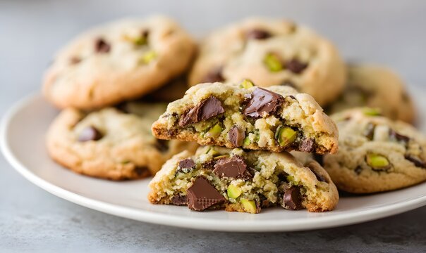 a plate of soft and delicious chocolate chip cookies with pistachios