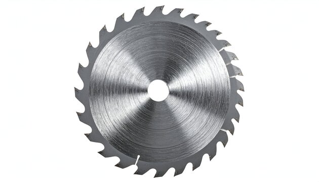 Circular steel saw blade, close-up, sharp teeth, central hole, isolated on white background