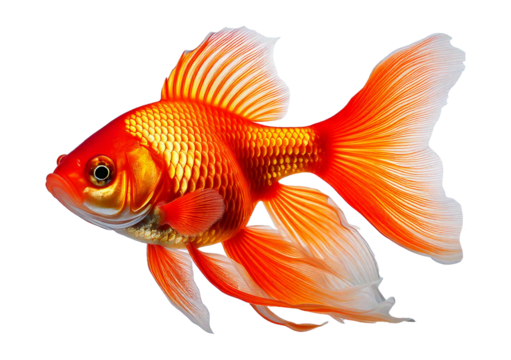 Vibrant goldfish with flowing fins and bright scales swims gracefully against isolated on a transparent or white background.