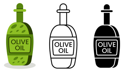 Flat vector artwork of a green olive oil bottle isolated on white background