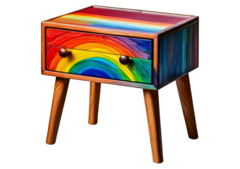 Wooden nightstand featuring a drawer decorated with a painted rainbow design. isolated on transparent or white background