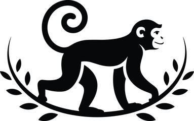 Monkey silhouette, walking pose, curled tail, decorative branch, jungle theme, nature art, black vector, wildlife icon, tropical design, leaf pattern