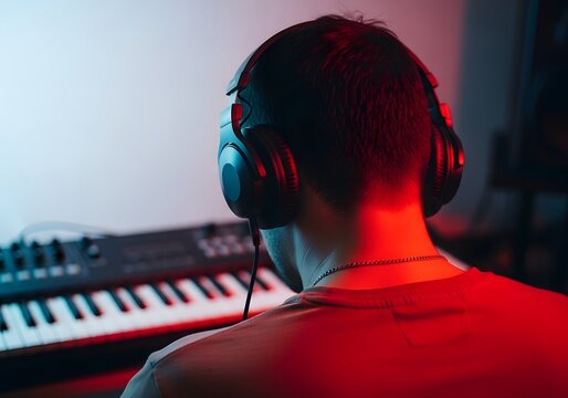 Music Producer in Headphones Working on MIDI Keyboard with Neon Lights, Home Studio Creation