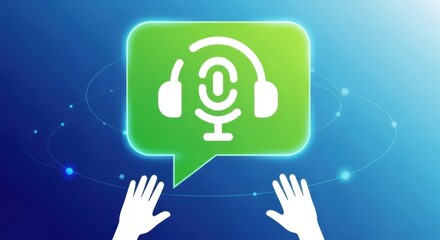 Podcast broadcast concept illustration with microphone and headphones on green speech bubble