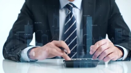 Business Data Analysis with Financial Graphs Overlay. Professional Working with Calculator and Charts. Corporate Strategy and Economic Growth Planning. - Powered by Adobe