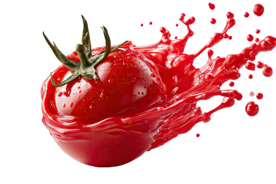 Ripe tomato explodes into a vibrant, thick red liquid