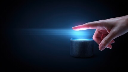 A hand pointing at a smart speaker with a glowing blue light on a dark background.